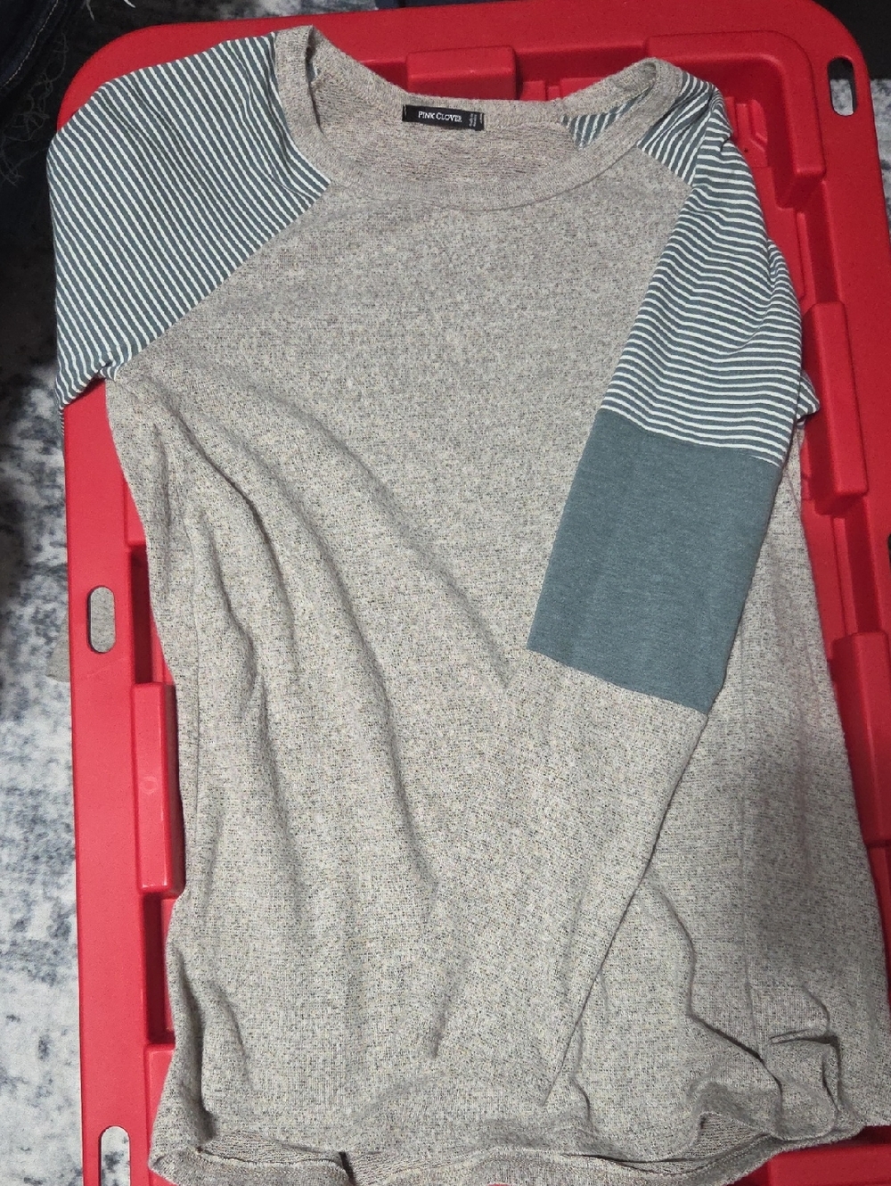 Pink Clover Heather Crewneck with Blue-Green Striped Raglan Sleeves
